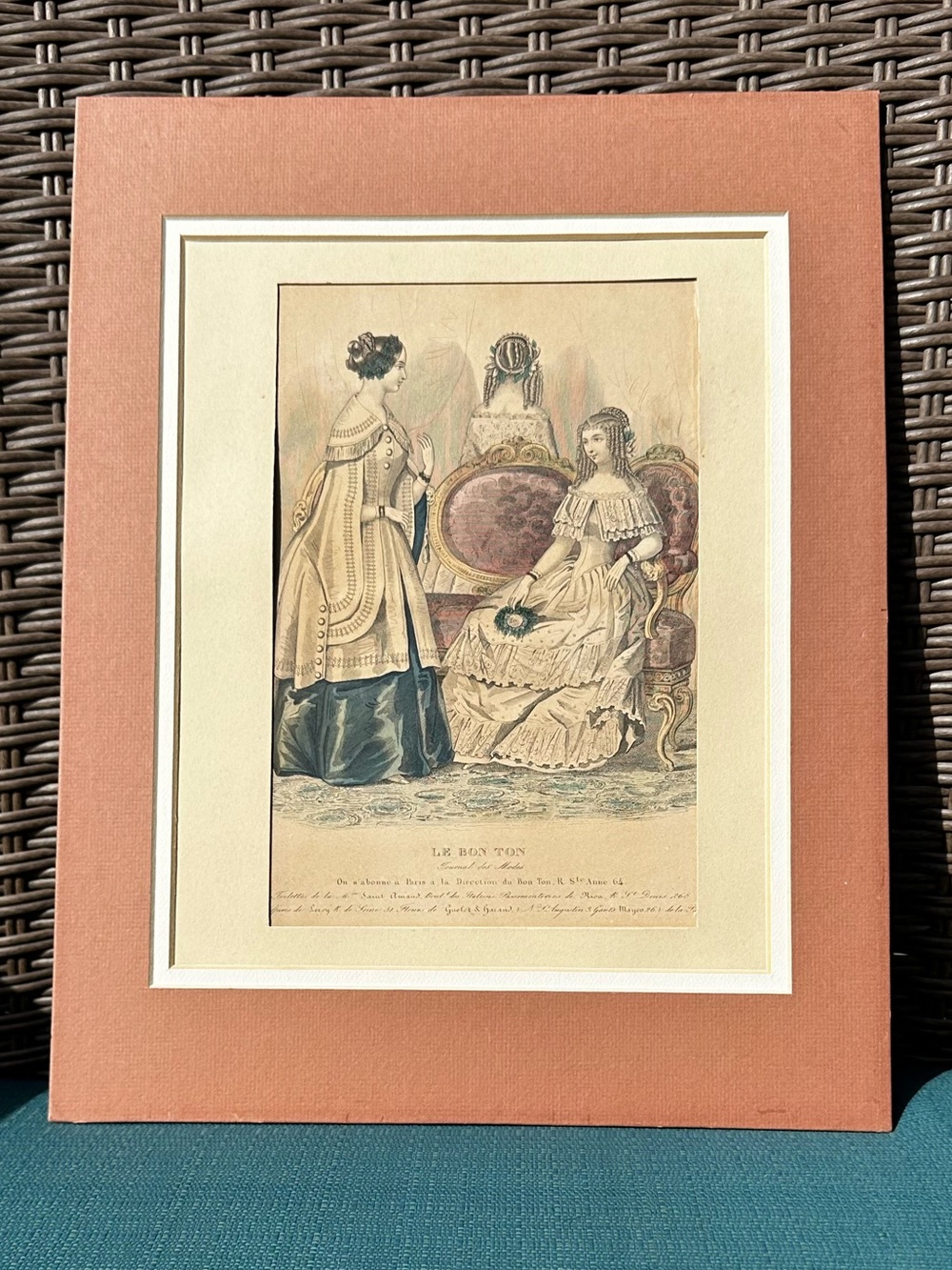 Antique Le Bon Ton French fashion mag handcolored litho published 1840s to 1880s